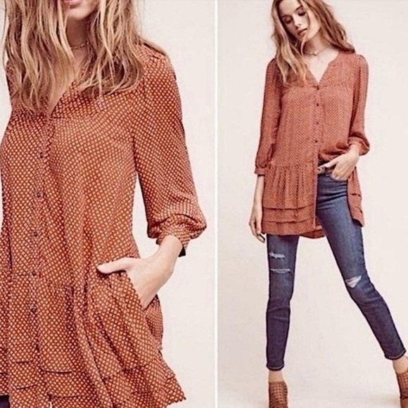 Anthropologie Holding Horses Pavin Tunic Tiered Drop Waist Boho Pockets Orange S - Picture 1 of 9
